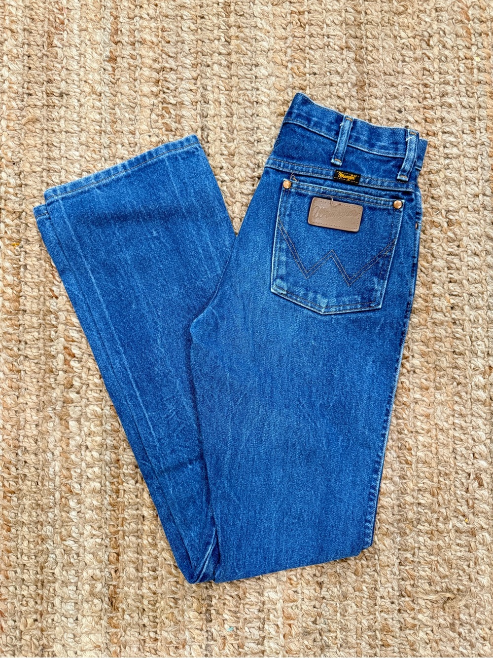 Wrangler Dark Blue Straight Leg Jeans with Leather Patch. Classic A001